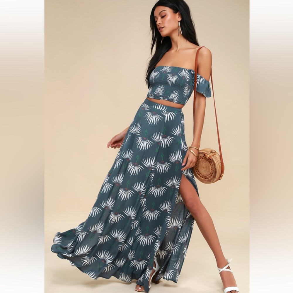 Lulus Trancoso Dusty Blue Floral Print Two-Piece Maxi Dress Size Medium